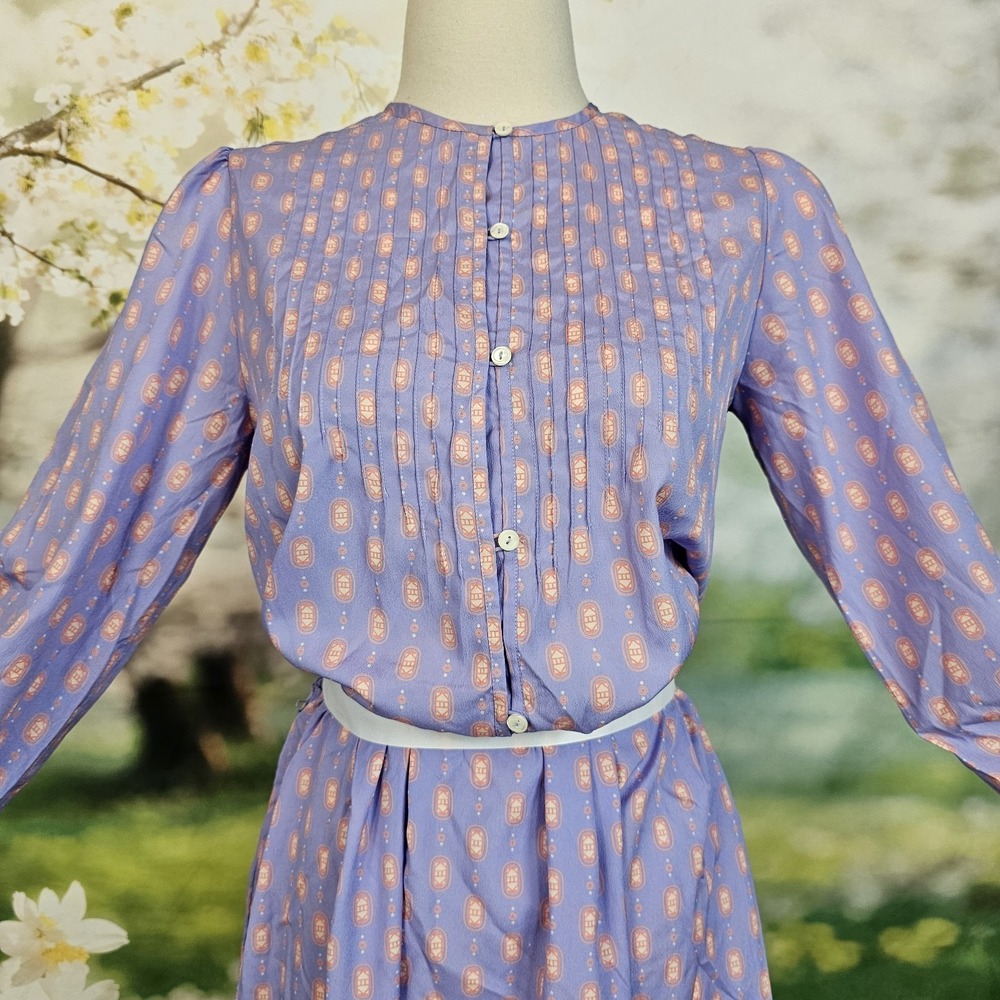 Vintage 1980's Dress Lilac Purple Print Long Sleeve Silky Retro Button Front‎ - Picture 3 of 12